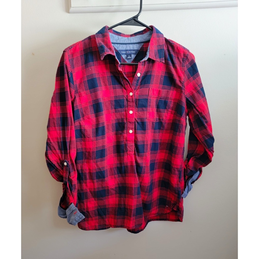 Tommy Hilfiger Women's M Red Navy Plaid Button-Up Collared Cotton L/S Buffalo